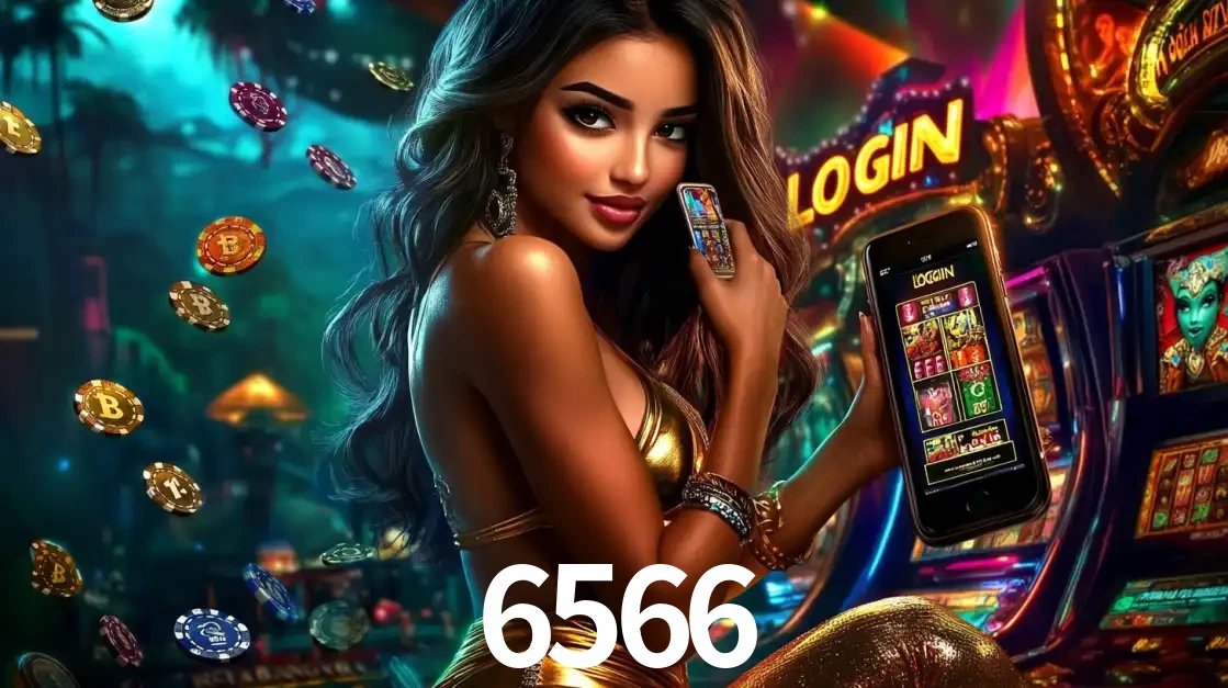 Mulher em um cenário de cassino temático de aventura, mostrando o app de caça-níqueis da 6566 no celular. Fichas de apostas flutuam ao redor.